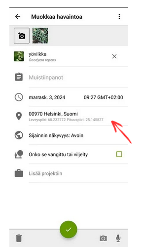 Kuvakaappaus iNaturalist-sovelluksesta kohdasta, jossa voi muokata havainnon sijaintia.